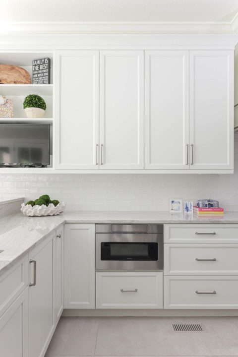 Drawer microwave white cabinets, open shelves, subway tile backsplash, large crown molding Kitchen Ideas Tulsa kitchen remodel
