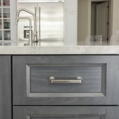 Gray cabinet drawer storage white counter-top kitchen island stainless refrigerator Kitchen Ideas Tulsa kitchen remodel
