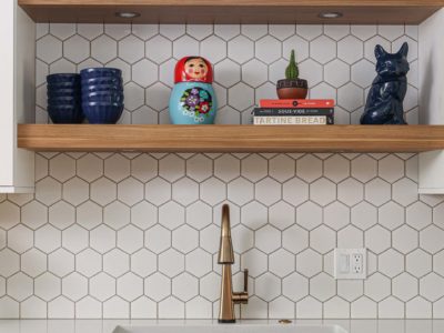 Floating kitchen shelves with puck lighting, honeycomb backsplash white counters undermount sink Kitchen Ideas Tulsa kitchen design and remodel