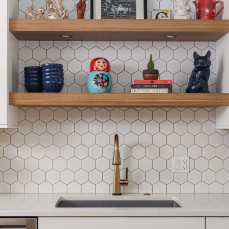 Floating kitchen remodel shelves with puck lighting, honeycomb backsplash, white counters, undermount sink Kitchen Ideas Tulsa kitchen design and remodel