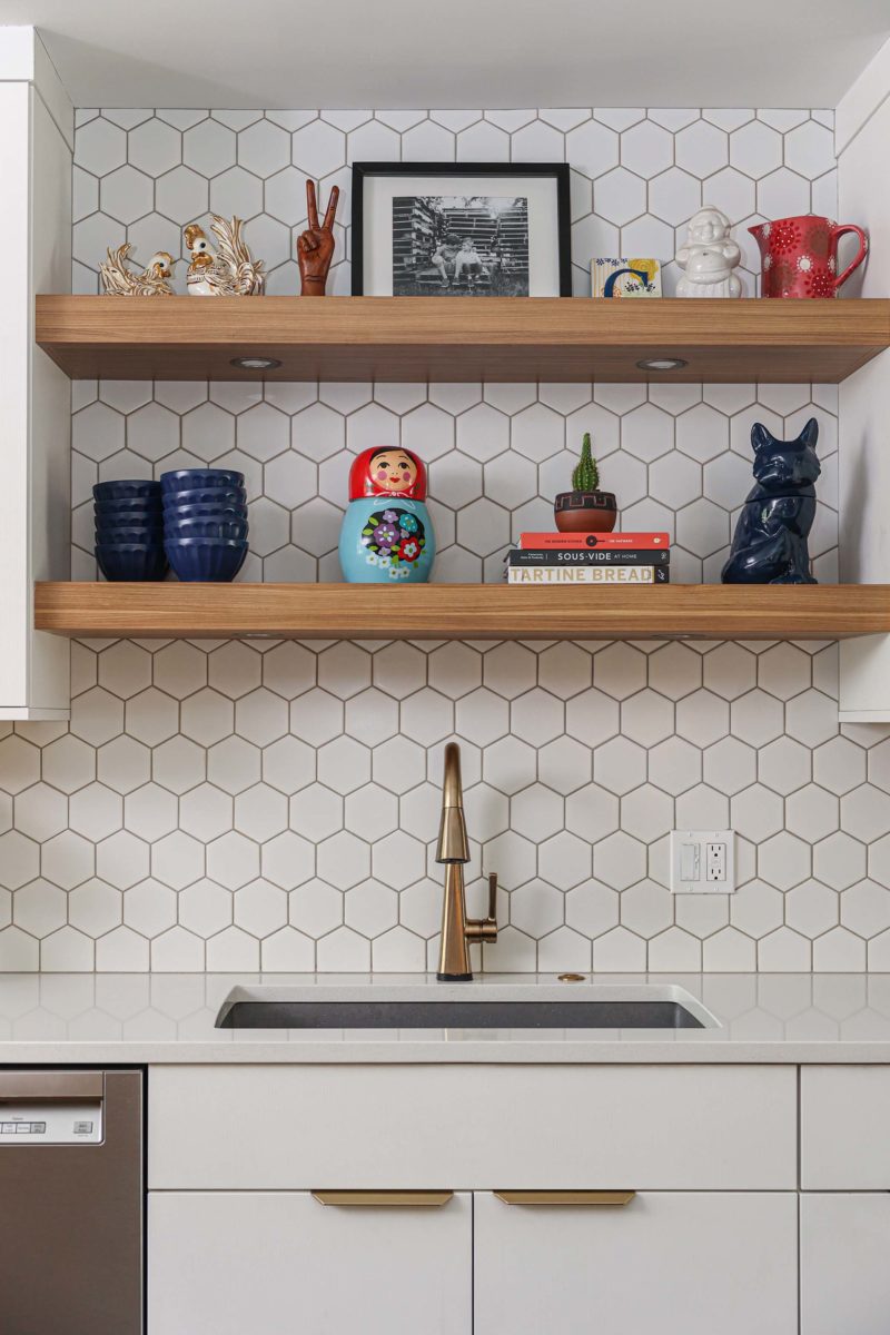 Floating kitchen remodel shelves with puck lighting, honeycomb backsplash, white counters, undermount sink Kitchen Ideas Tulsa kitchen design and remodel