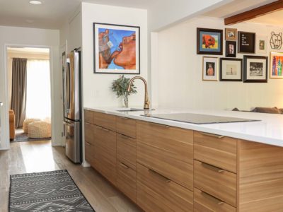 Kitchen peninsula drawer storage, bar sink, induction cooktop, white counter-top, french door refrigerator Kitchen Ideas Tulsa kitchen remodel