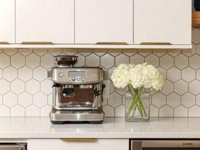 Kitchen remodel tile backsplash, modern white honeycomb tile, white cabinets, white counter-top Kitchen Ideas Tulsa kitchen design and remodel