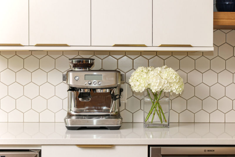 Kitchen remodel tile backsplash, modern white honeycomb tile, white cabinets, white counter-top Kitchen Ideas Tulsa kitchen design and remodel