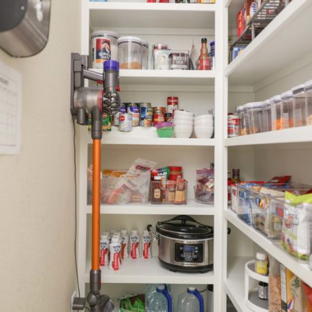 Open shelf pantry storage for kitchen condiments and supplies, tile flooring Kitchen Ideas Tulsa kitchen remodel.