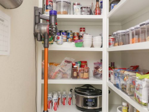 Open shelf pantry storage for kitchen condiments and supplies, tile flooring Kitchen Ideas Tulsa kitchen remodel.