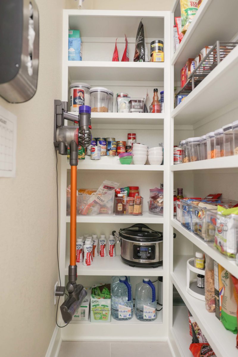 Open shelf pantry storage for kitchen condiments and supplies, tile flooring Kitchen Ideas Tulsa kitchen remodel.