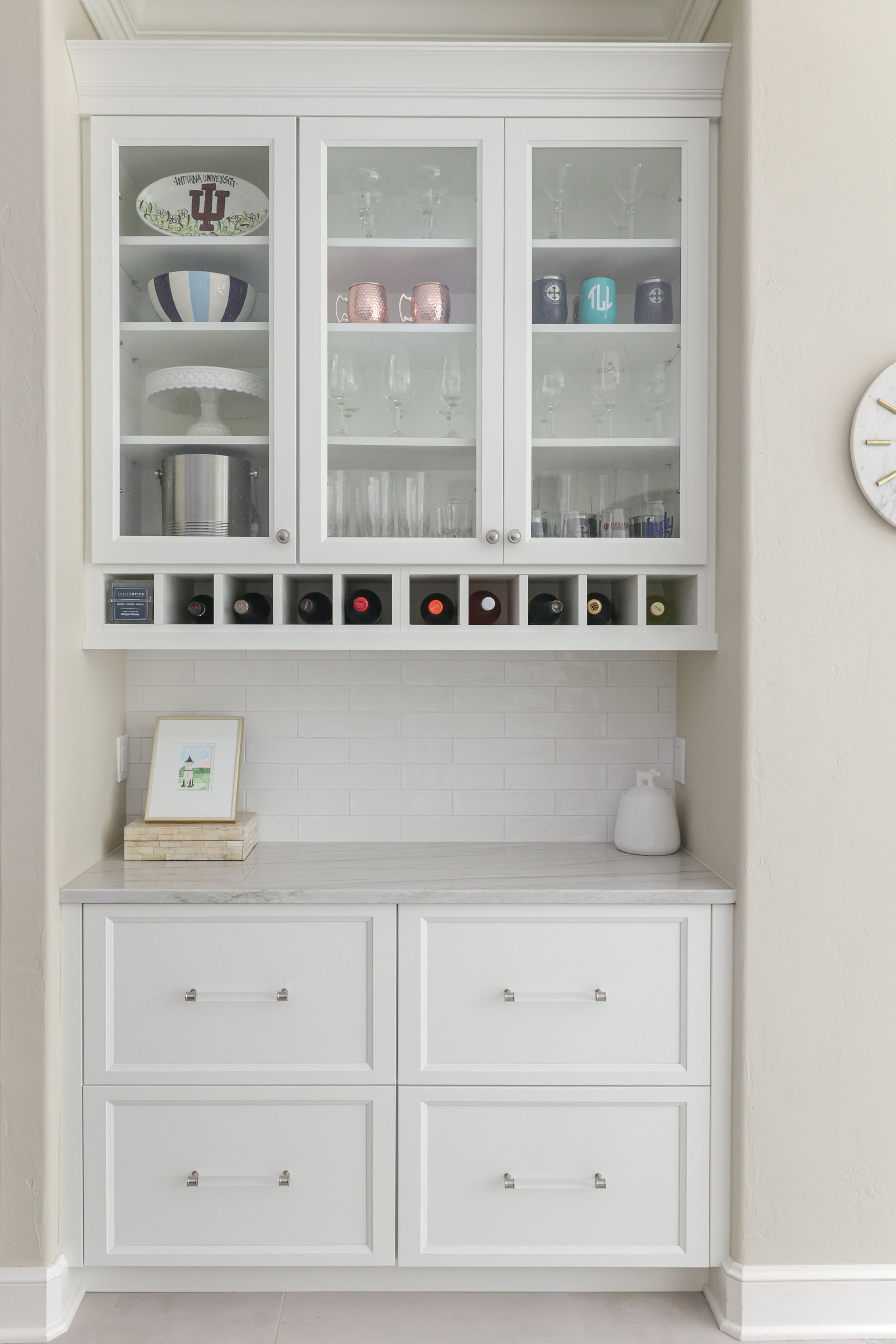 Wall cabinet cubby storage, white subway tile backsplash, white counter-top, base drawer cabinet storage Kitchen Ideas Tulsa Kitchen remodel