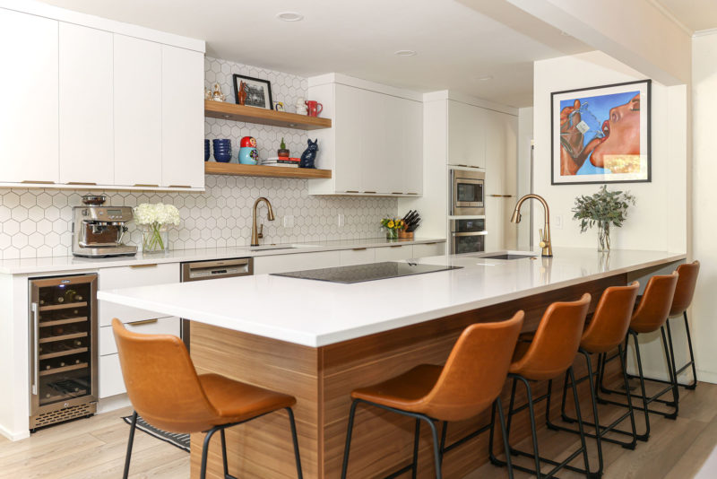 Tulsa kitchen remodel peninsula seating, induction cooktop, bar sink, floating shelves Kitchen Ideas Tulsa kitchen remodel