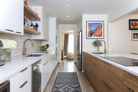 White kitchen cabinet remodel, drawer storage, undermount sink, floating shelves, bar sink, white counters, induction cooktop, luxury vinyl wood flooring Kitchen Ideas Tulsa kitchen remodel