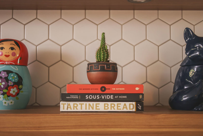 Wood floating shelves tile honeycomb modern white backsplash Kitchen Ideas Tulsa kitchen design and remodel