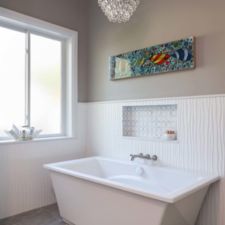 Master bathroom freestanding tub with niche and decorative chandelier Kitchen Ideas Tulsa bathroom design and remodel