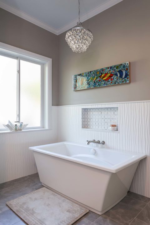 Master bathroom freestanding tub with niche and decorative chandelier Kitchen Ideas Tulsa bathroom design and remodel