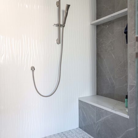 Master bathroom shower with bench, shower handheld, slate tile Kitchen Ideas Tulsa master bathroom design and remodel
