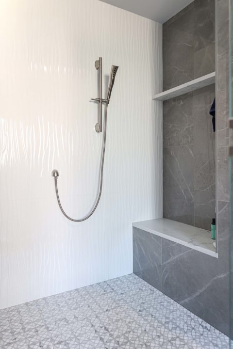 Master bathroom shower with bench, shower handheld, slate tile Kitchen Ideas Tulsa master bathroom design and remodel