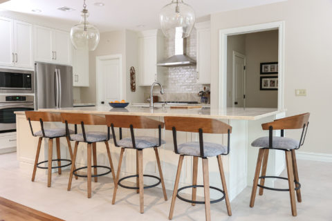 White kitchen island design and remodel, pendants, ovens, french door refrigerator, cooktop, vent hood Kitchen Ideas Tulsa kitchen remodel