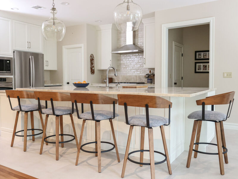 White kitchen island design and remodel, pendants, ovens, french door refrigerator, cooktop, vent hood Kitchen Ideas Tulsa kitchen remodel