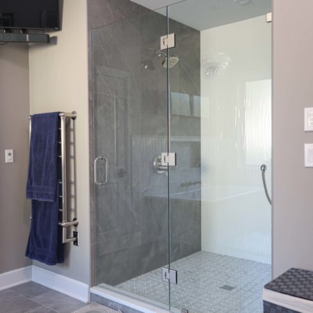 Walk-in shower with slate tile and large chrome shower head Kitchen Ideas Tulsa modern master bathroom design and remodel