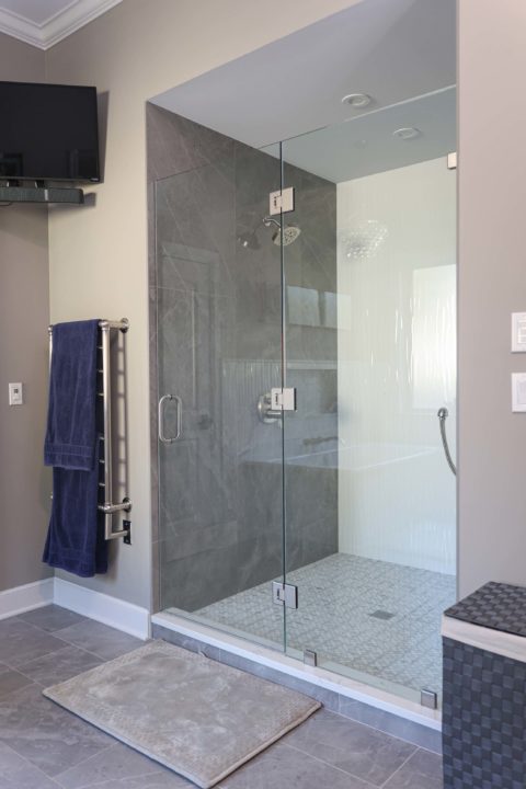 Walk-in shower with slate tile and large chrome shower head Kitchen Ideas Tulsa modern master bathroom design and remodel