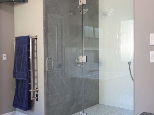 Walk-in shower with slate tile and large chrome shower head Kitchen Ideas Tulsa modern master bathroom design and remodel